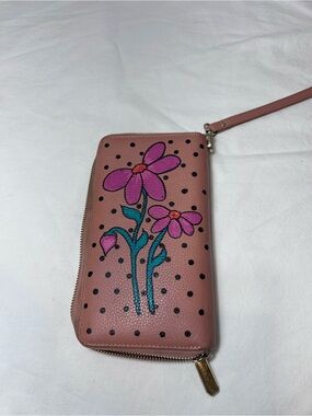 Hand painted full size zip around wallet wristlet blush pink flower floral